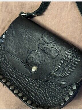 Skull Black Leather Crossbody Bag